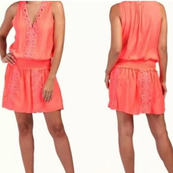 Ramy Brook Matilda Glow Pink Lightweight Mini Smocked Waist Dress Size Large - Picture 1 of 12